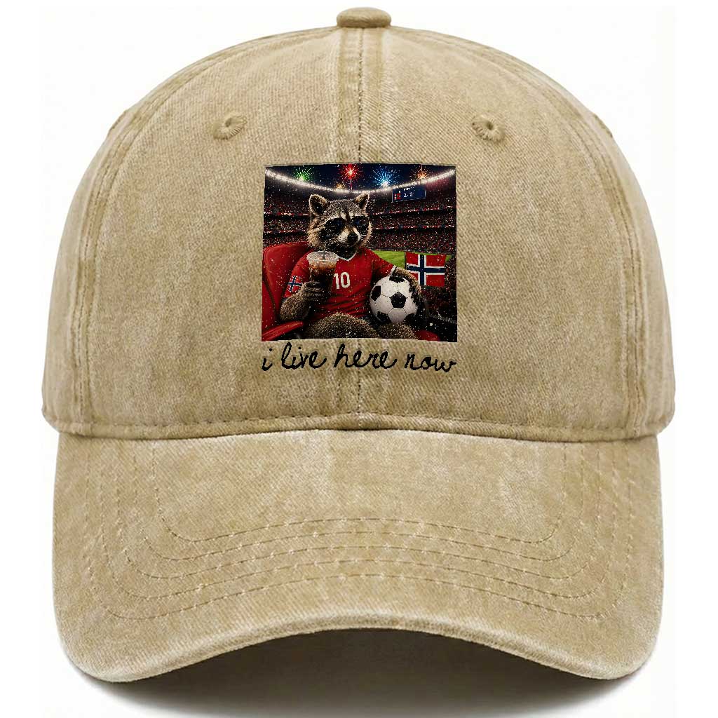 Norway Soccer Football Fan Norge Norwegian Flag Washed Cotton Baseball Cap Funny Raccoon I Live Here Now