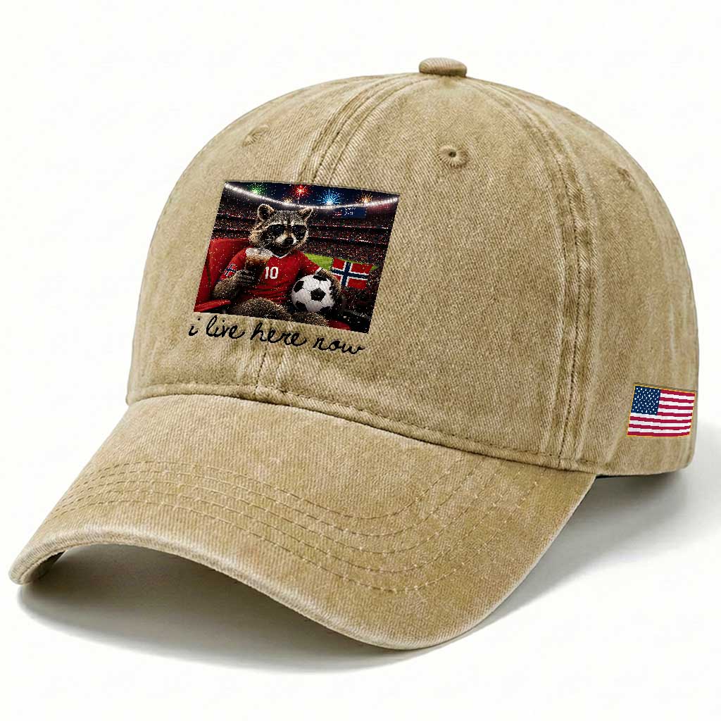 Norway Soccer Football Fan Norge Norwegian Flag Washed Cotton Baseball Cap Funny Raccoon I Live Here Now