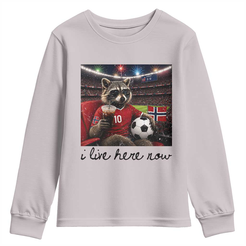 Norway Soccer Football Fan Norge Norwegian Flag Youth Sweatshirt Funny Raccoon I Live Here Now