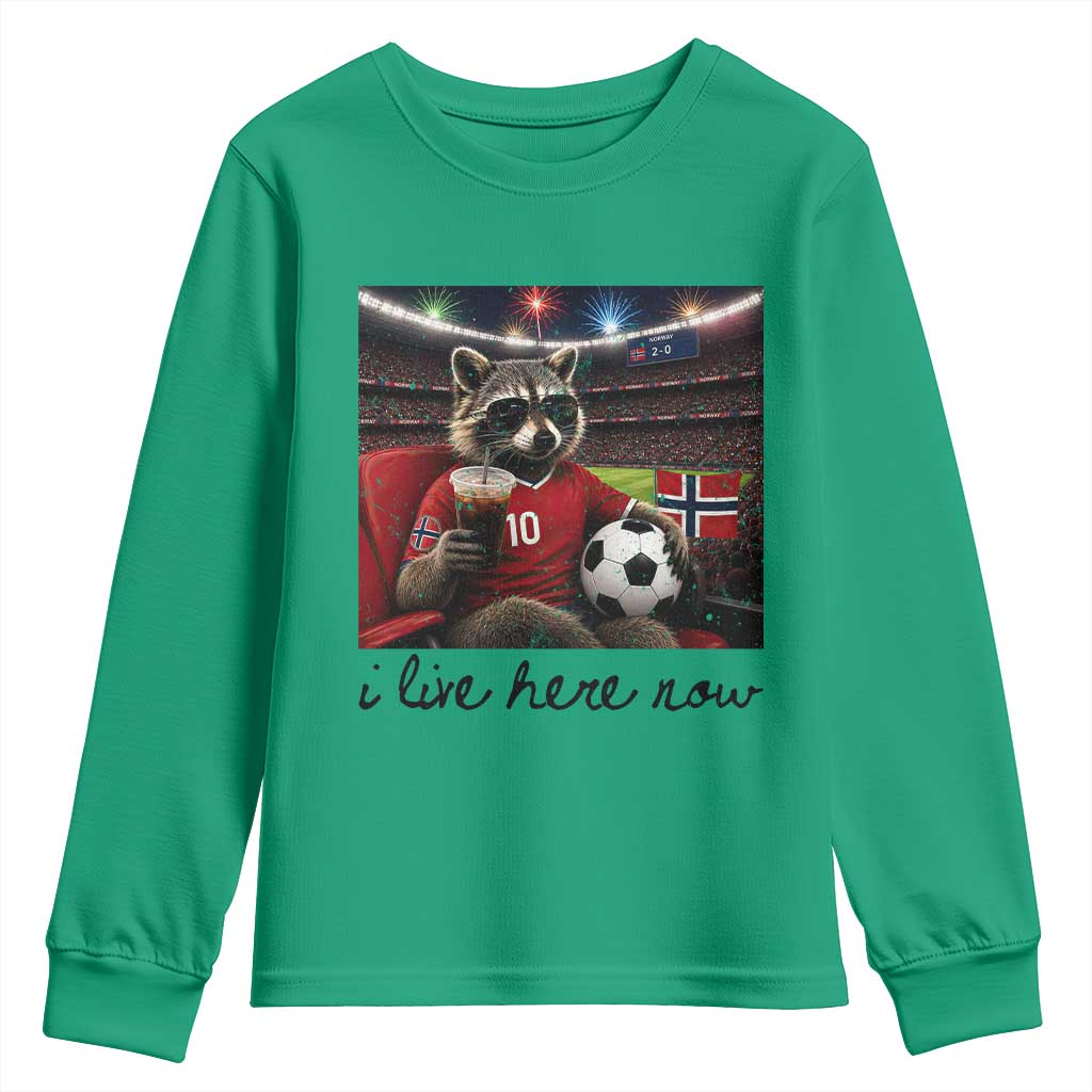 Norway Soccer Football Fan Norge Norwegian Flag Youth Sweatshirt Funny Raccoon I Live Here Now