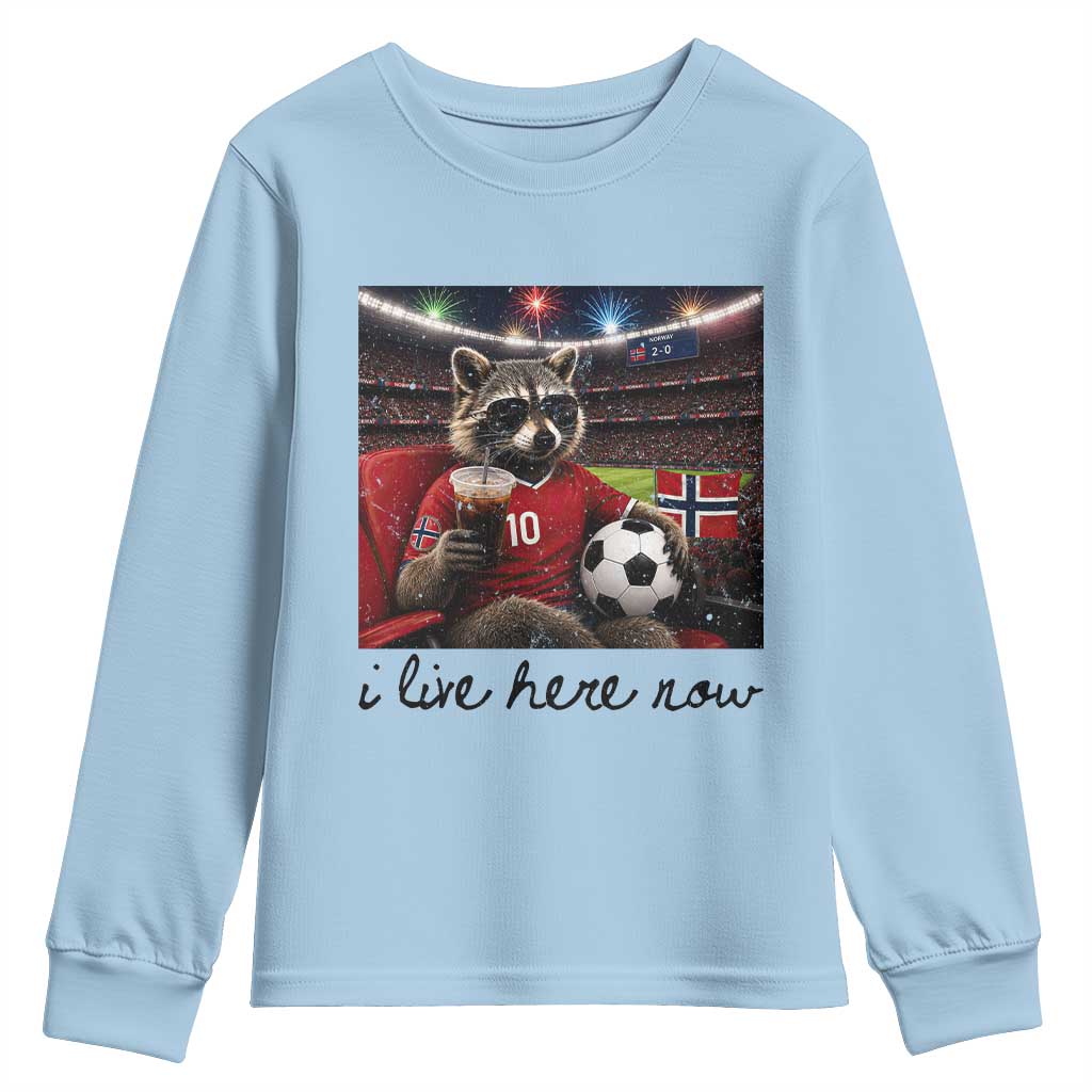 Norway Soccer Football Fan Norge Norwegian Flag Youth Sweatshirt Funny Raccoon I Live Here Now