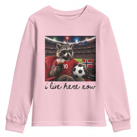 Norway Soccer Football Fan Norge Norwegian Flag Youth Sweatshirt Funny Raccoon I Live Here Now