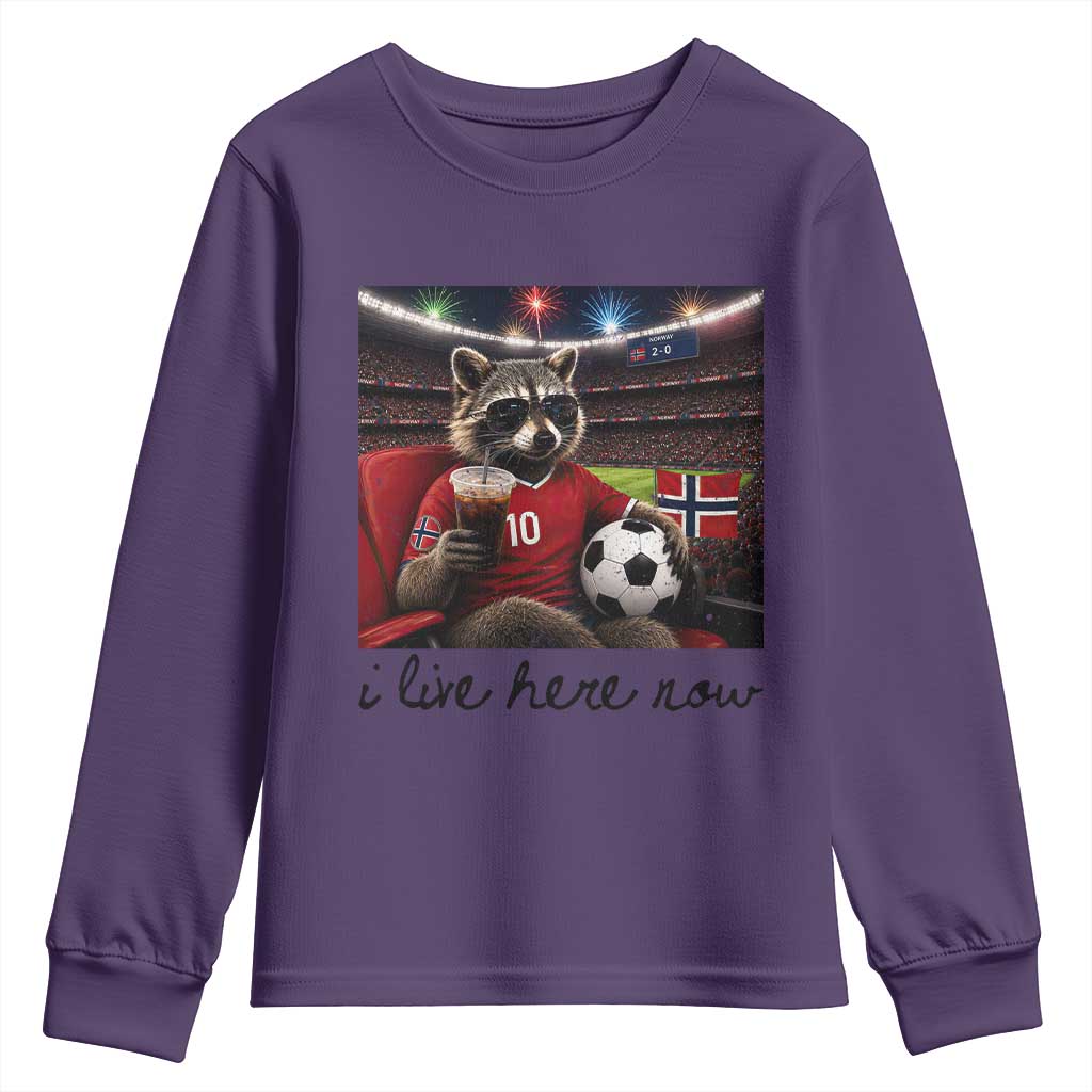Norway Soccer Football Fan Norge Norwegian Flag Youth Sweatshirt Funny Raccoon I Live Here Now