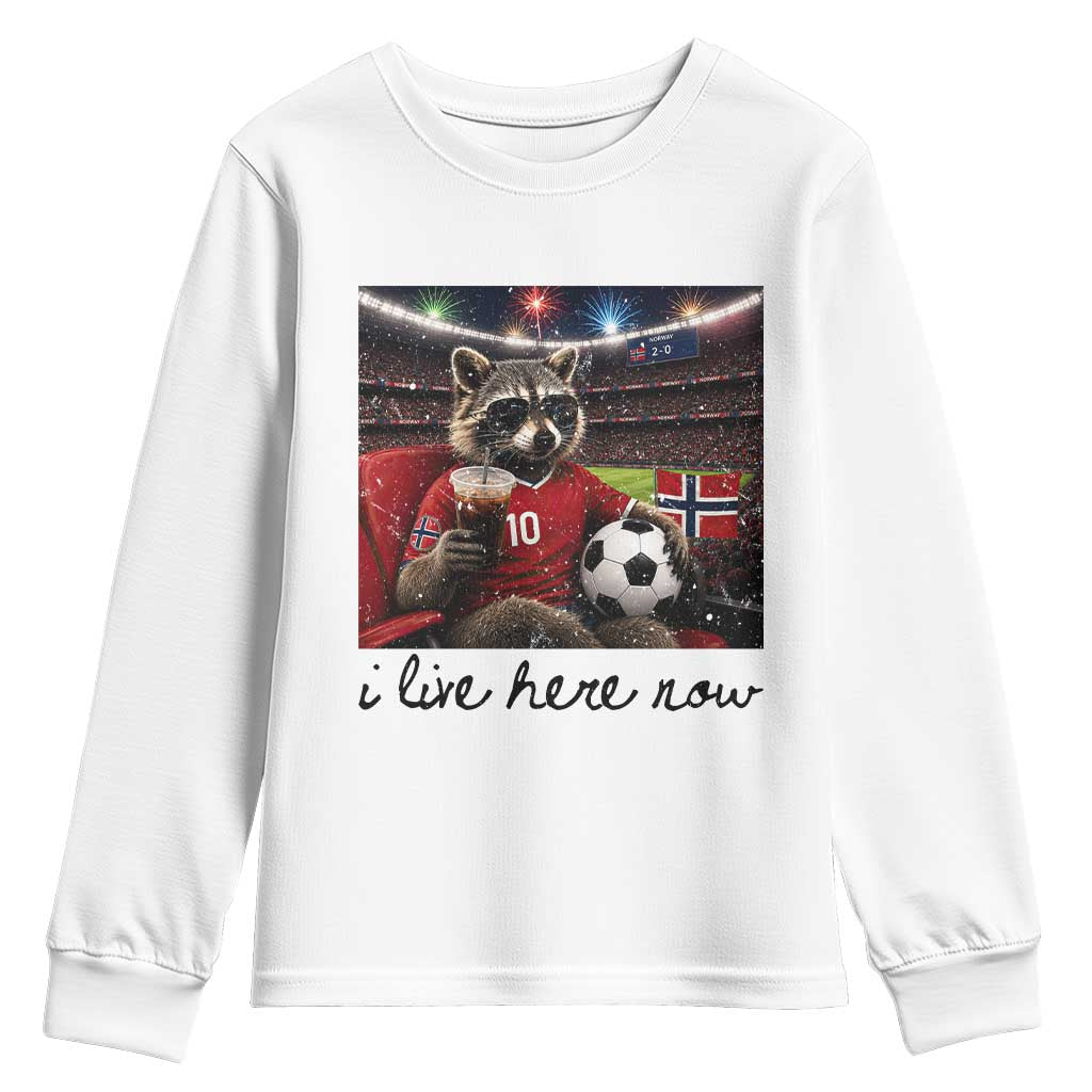 Norway Soccer Football Fan Norge Norwegian Flag Youth Sweatshirt Funny Raccoon I Live Here Now