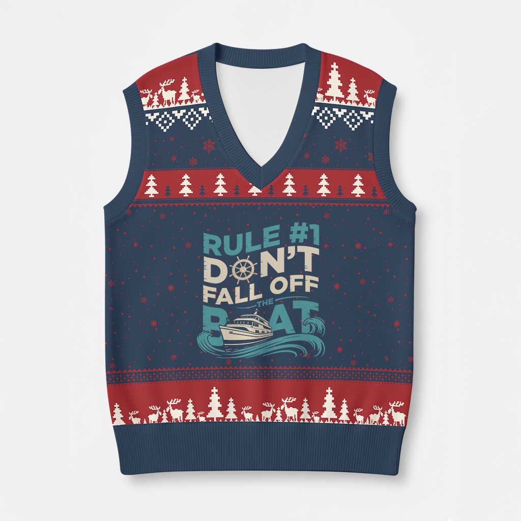 Funny Cruise Ship V-Neck Knit Sweater Vest Rule Number One Do Not Fall Off The Boat - Wonder Print Shop