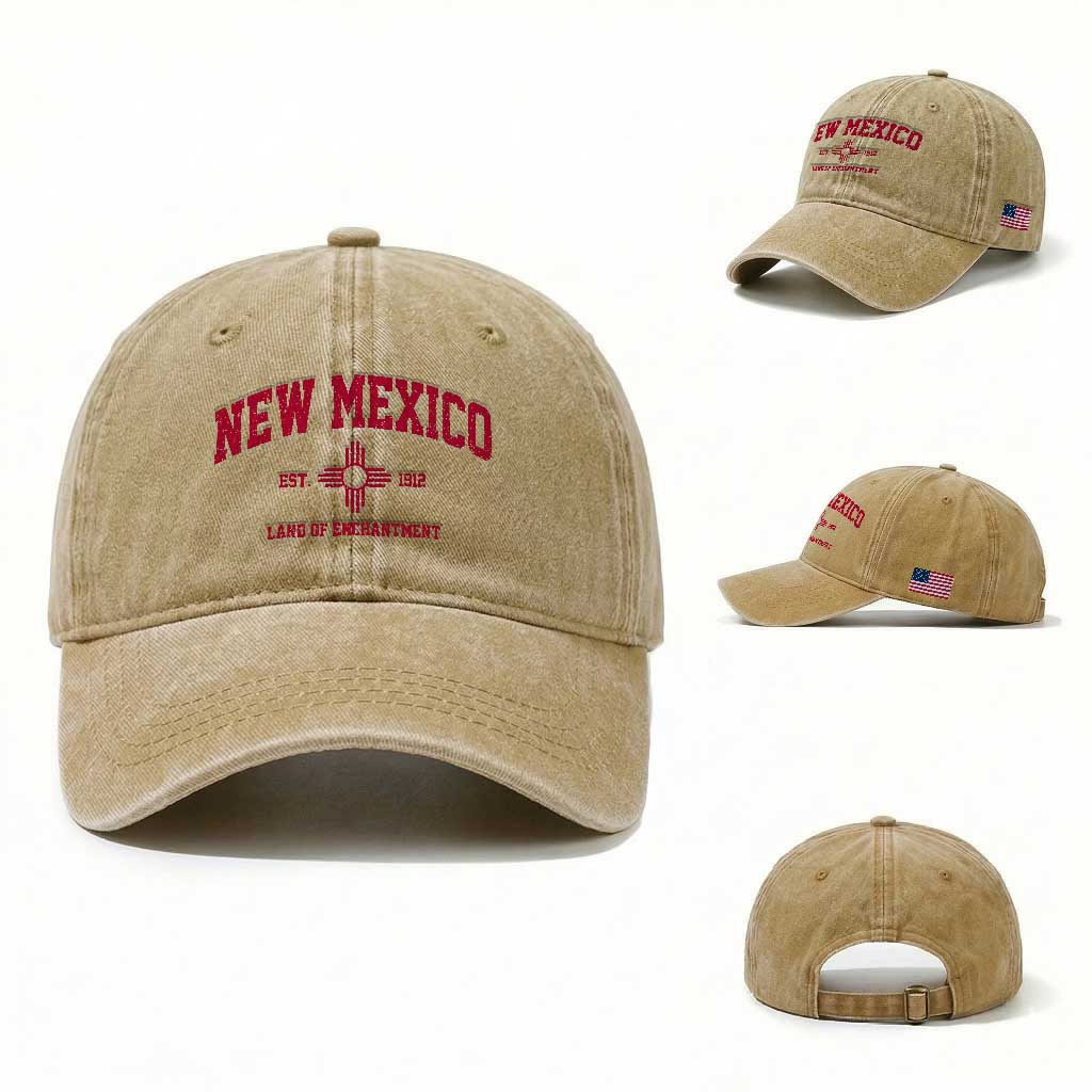 Vintage New Mexico Flag Zia Sun Souvenir Washed Cotton Baseball Cap