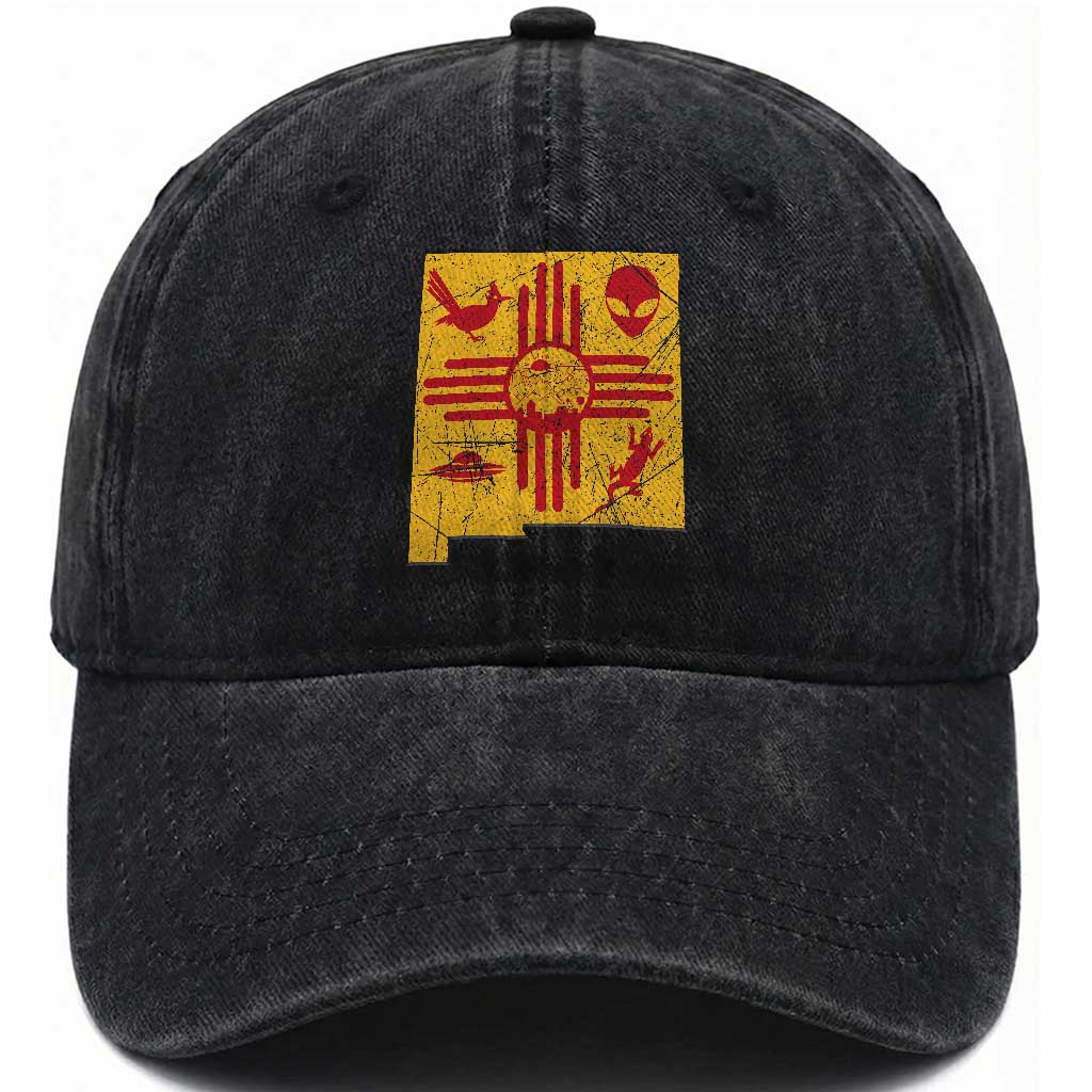 New Mexico State Map Zia Symbol Famous Icons Washed Cotton Baseball Cap