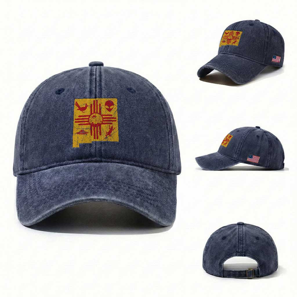 New Mexico State Map Zia Symbol Famous Icons Washed Cotton Baseball Cap