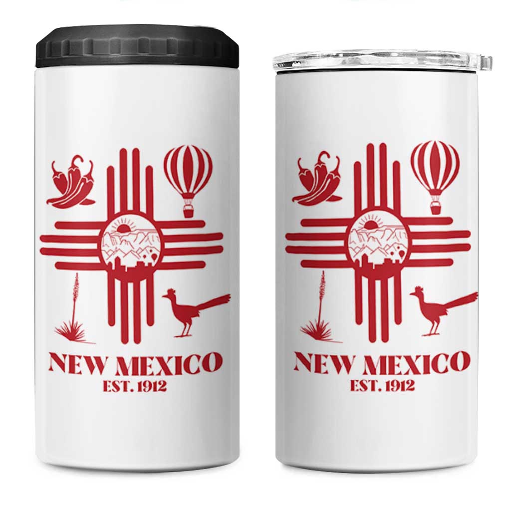 New Mexico Flag Zia Sun Souvenir 4 in 1 Can Cooler Tumbler New Mexico Zia Chiles Balloon Roadrunner Yucca
