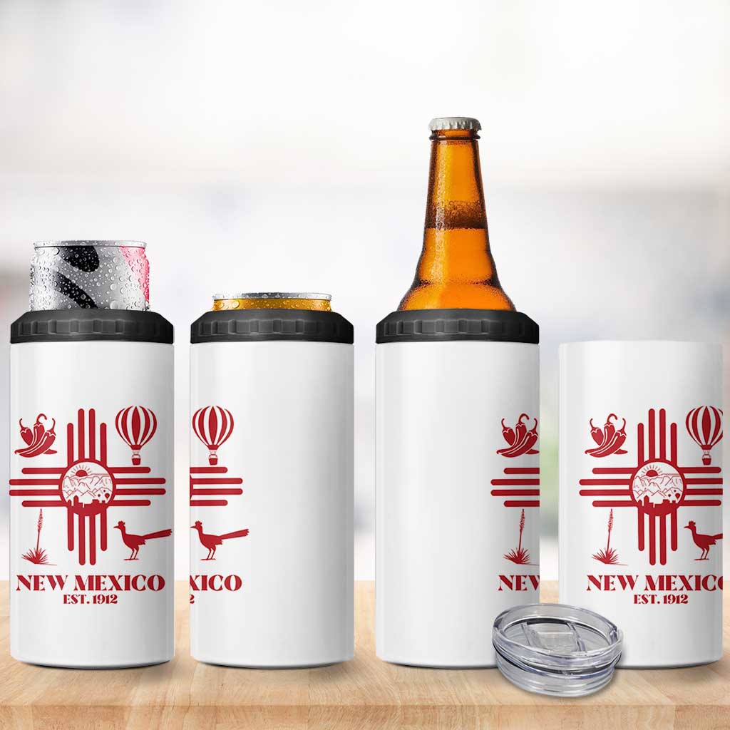 New Mexico Flag Zia Sun Souvenir 4 in 1 Can Cooler Tumbler New Mexico Zia Chiles Balloon Roadrunner Yucca