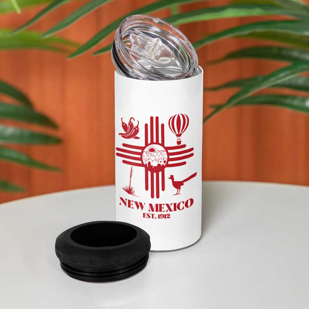 New Mexico Flag Zia Sun Souvenir 4 in 1 Can Cooler Tumbler New Mexico Zia Chiles Balloon Roadrunner Yucca