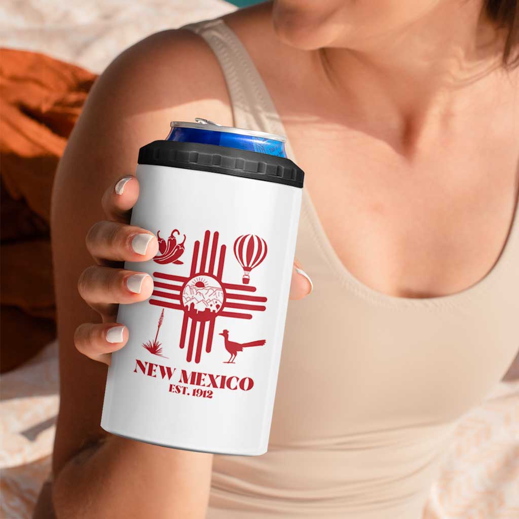 New Mexico Flag Zia Sun Souvenir 4 in 1 Can Cooler Tumbler New Mexico Zia Chiles Balloon Roadrunner Yucca