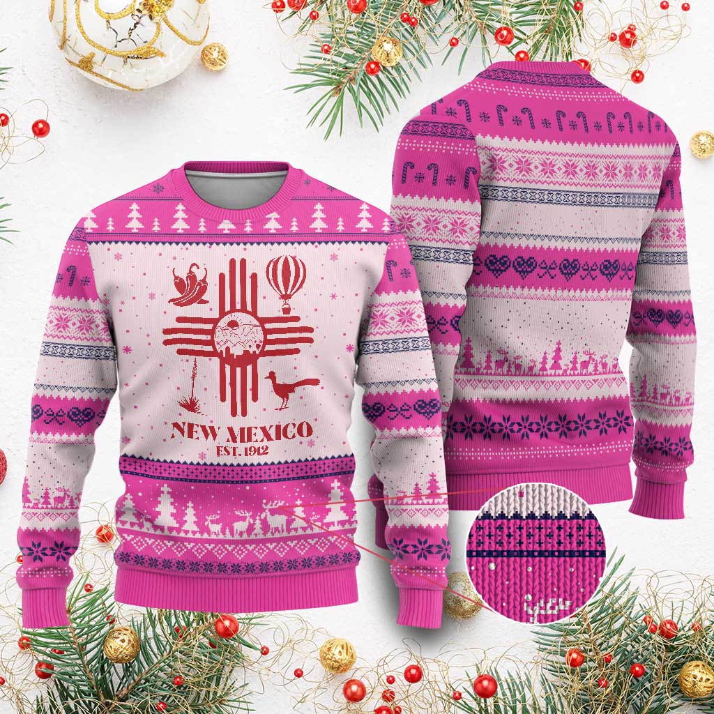 New Mexico Flag Zia Sun Souvenir Ugly Christmas Sweater New Mexico Zia Chiles Balloon Roadrunner Yucca