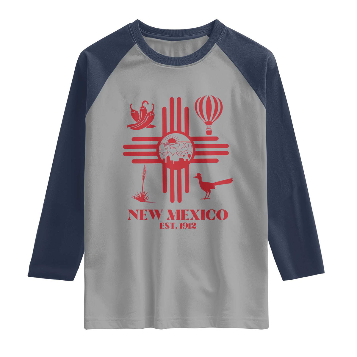 New Mexico Flag Zia Sun Souvenir Raglan Shirt New Mexico Zia Chiles Balloon Roadrunner Yucca