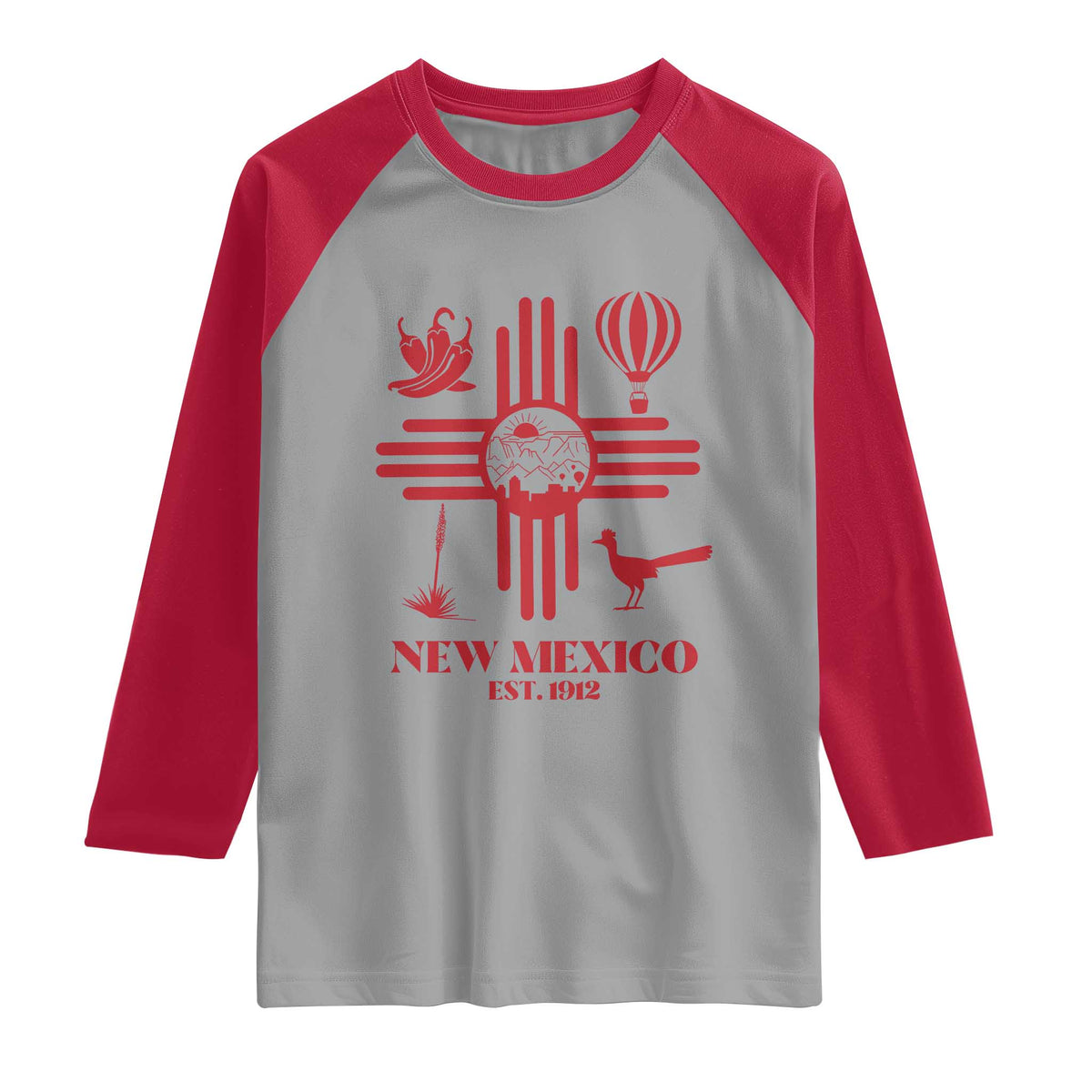 New Mexico Flag Zia Sun Souvenir Raglan Shirt New Mexico Zia Chiles Balloon Roadrunner Yucca
