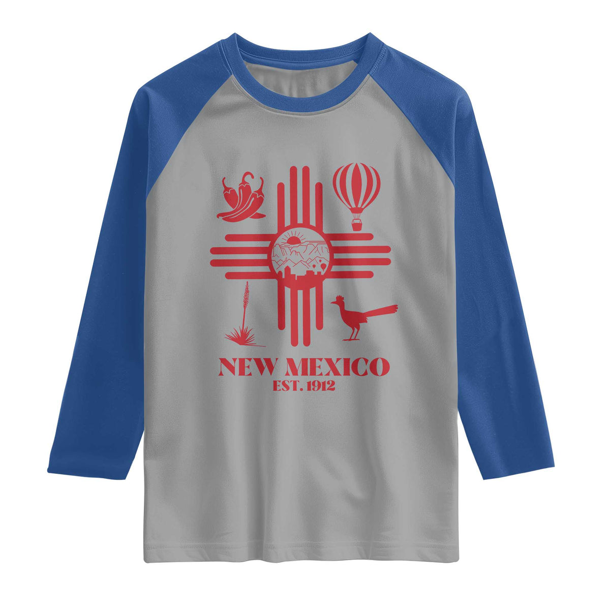 New Mexico Flag Zia Sun Souvenir Raglan Shirt New Mexico Zia Chiles Balloon Roadrunner Yucca