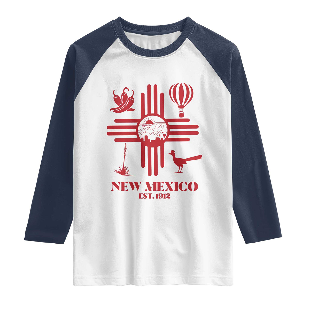 New Mexico Flag Zia Sun Souvenir Raglan Shirt New Mexico Zia Chiles Balloon Roadrunner Yucca