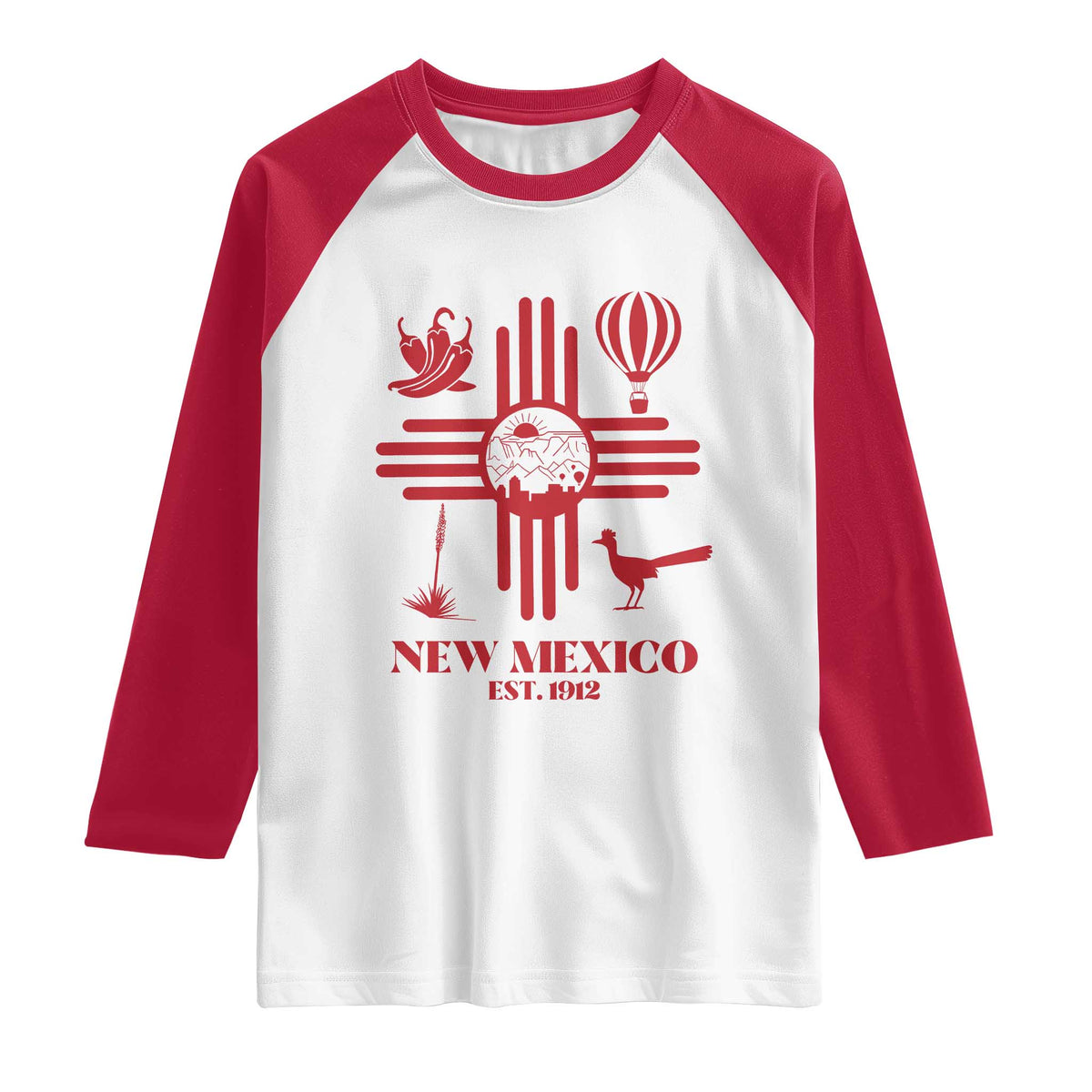New Mexico Flag Zia Sun Souvenir Raglan Shirt New Mexico Zia Chiles Balloon Roadrunner Yucca