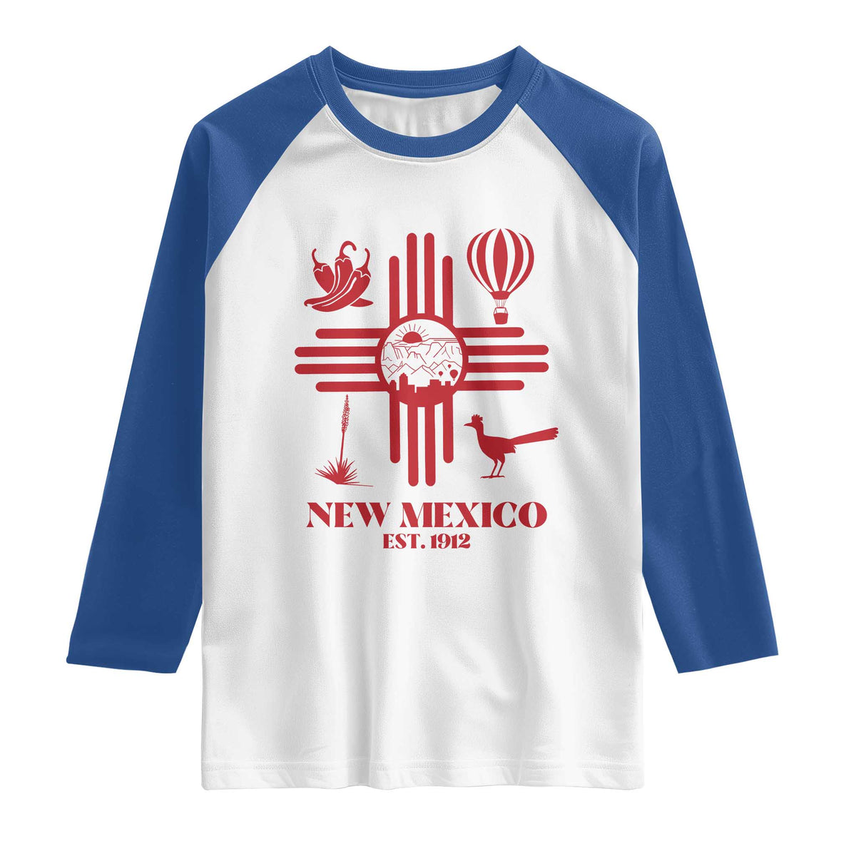 New Mexico Flag Zia Sun Souvenir Raglan Shirt New Mexico Zia Chiles Balloon Roadrunner Yucca