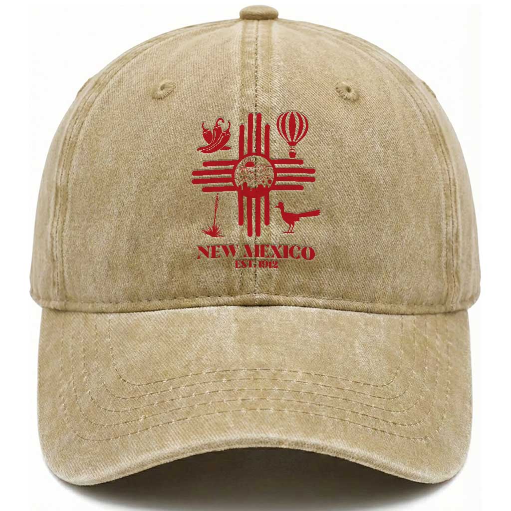 New Mexico Flag Zia Sun Souvenir Washed Cotton Baseball Cap New Mexico Zia Chiles Balloon Roadrunner Yucca