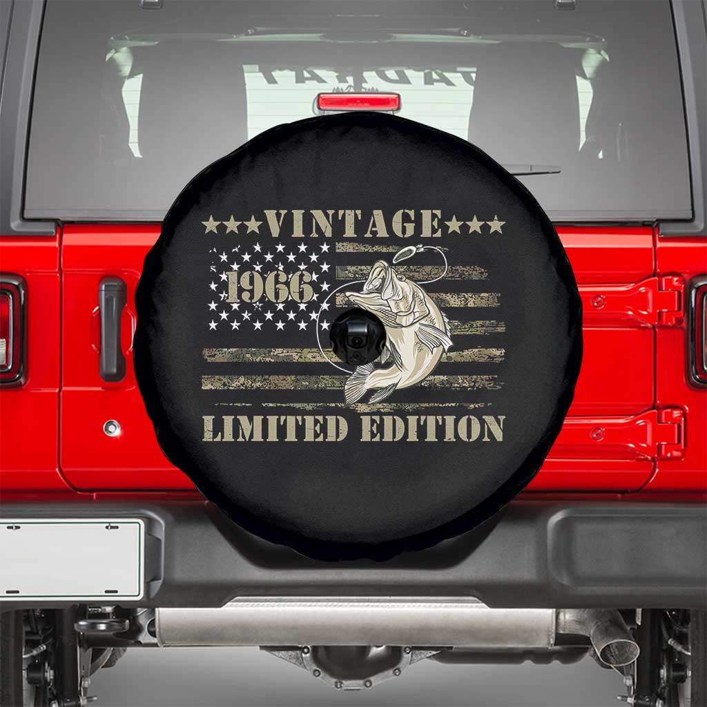 60th Birthday Fishing Vintage 1966 Limited Edition Spare Tire Cover Bass Fishing Camouflage American Flag Fisherman Gift