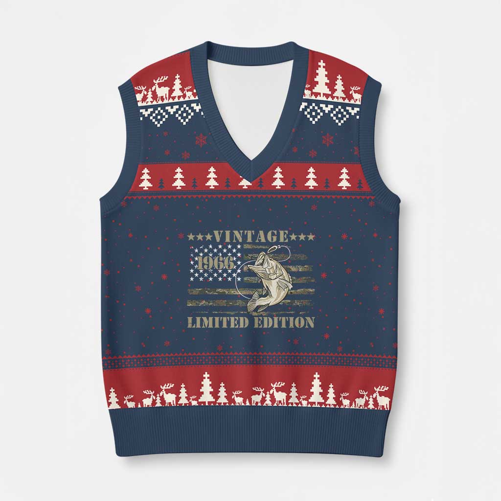 60th Birthday Fishing Vintage 1966 Limited Edition V-Neck Knit Sweater Vest Bass Fishing Camouflage American Flag Fisherman Gift
