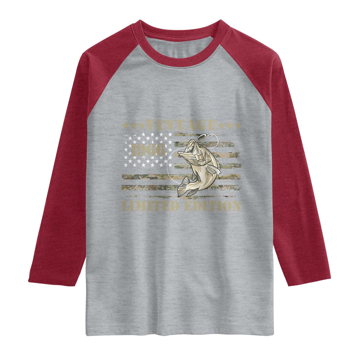 60th Birthday Fishing Vintage 1966 Limited Edition Raglan Shirt Bass Fishing Camouflage American Flag Fisherman Gift