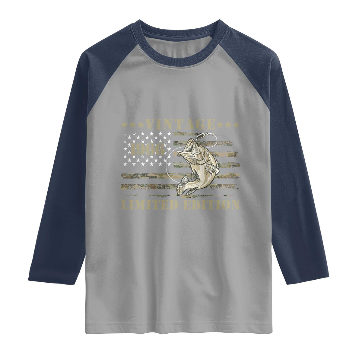 60th Birthday Fishing Vintage 1966 Limited Edition Raglan Shirt Bass Fishing Camouflage American Flag Fisherman Gift