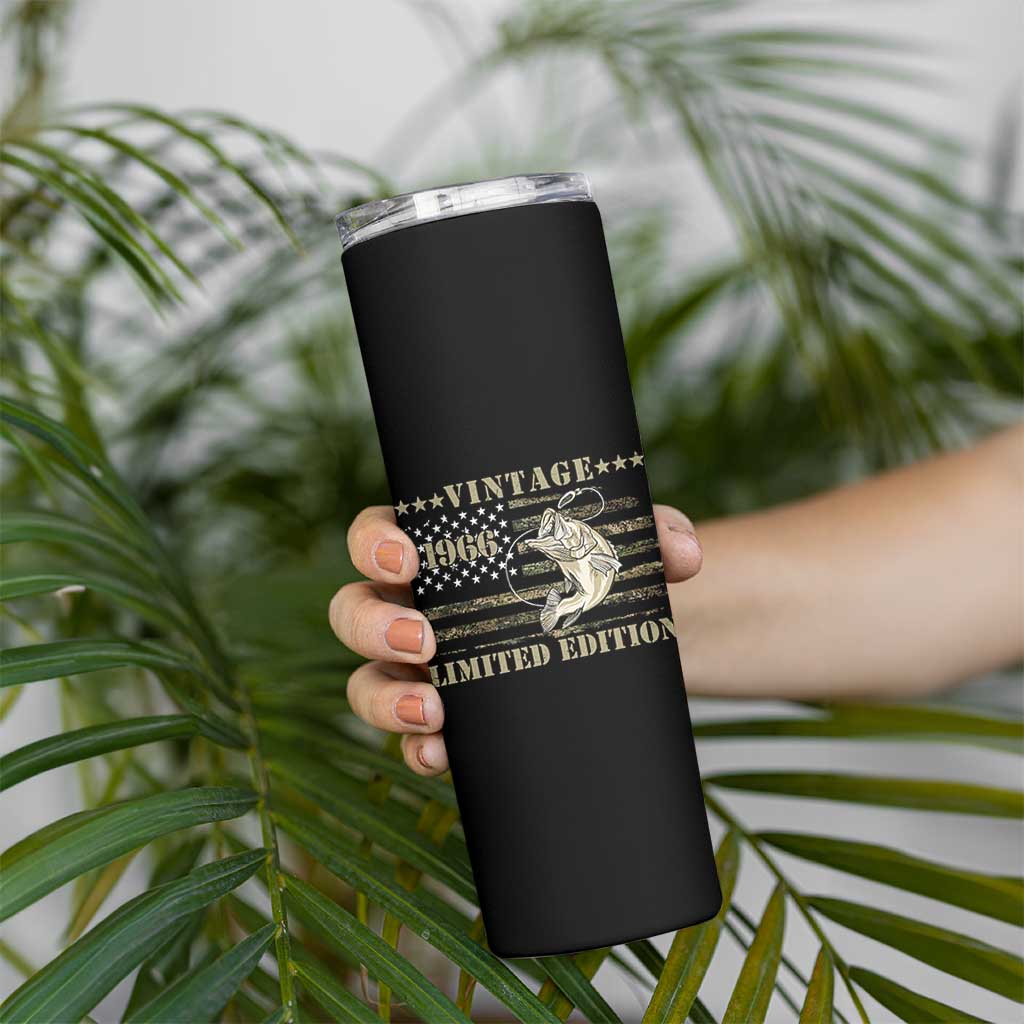 60th Birthday Fishing Vintage 1966 Limited Edition Skinny Tumbler Bass Fishing Camouflage American Flag Fisherman Gift