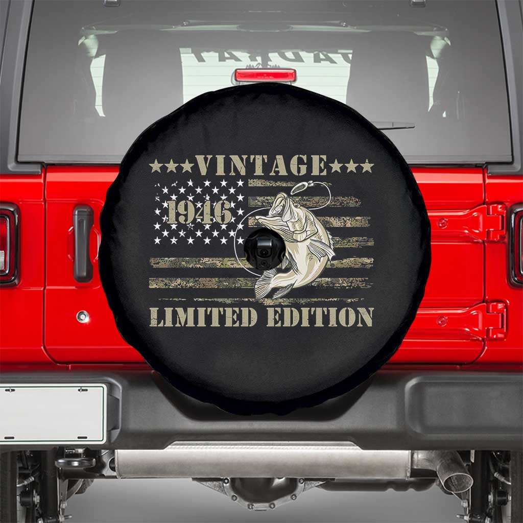 80th Birthday Fishing Vintage 1946 Limited Edition Spare Tire Cover Bass Fishing Camouflage American Flag Fisherman Gift