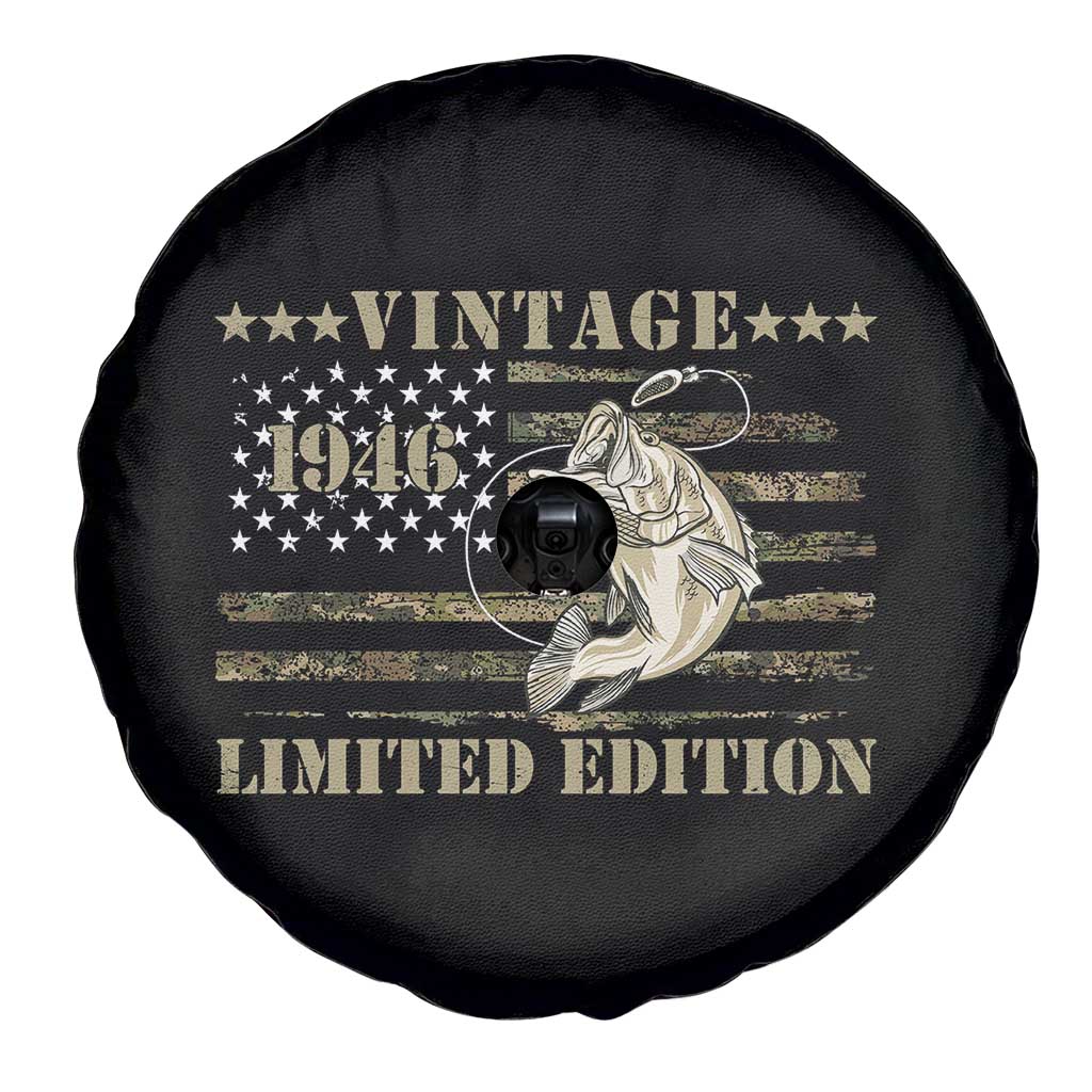 80th Birthday Fishing Vintage 1946 Limited Edition Spare Tire Cover Bass Fishing Camouflage American Flag Fisherman Gift