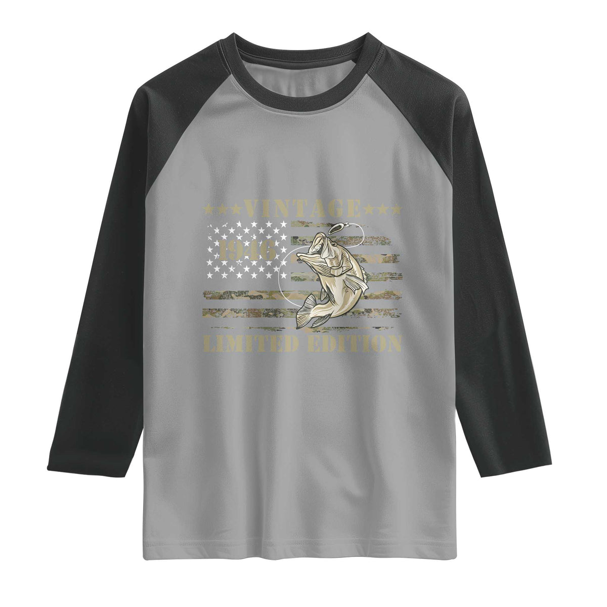 80th Birthday Fishing Vintage 1946 Limited Edition Raglan Shirt Bass Fishing Camouflage American Flag Fisherman Gift