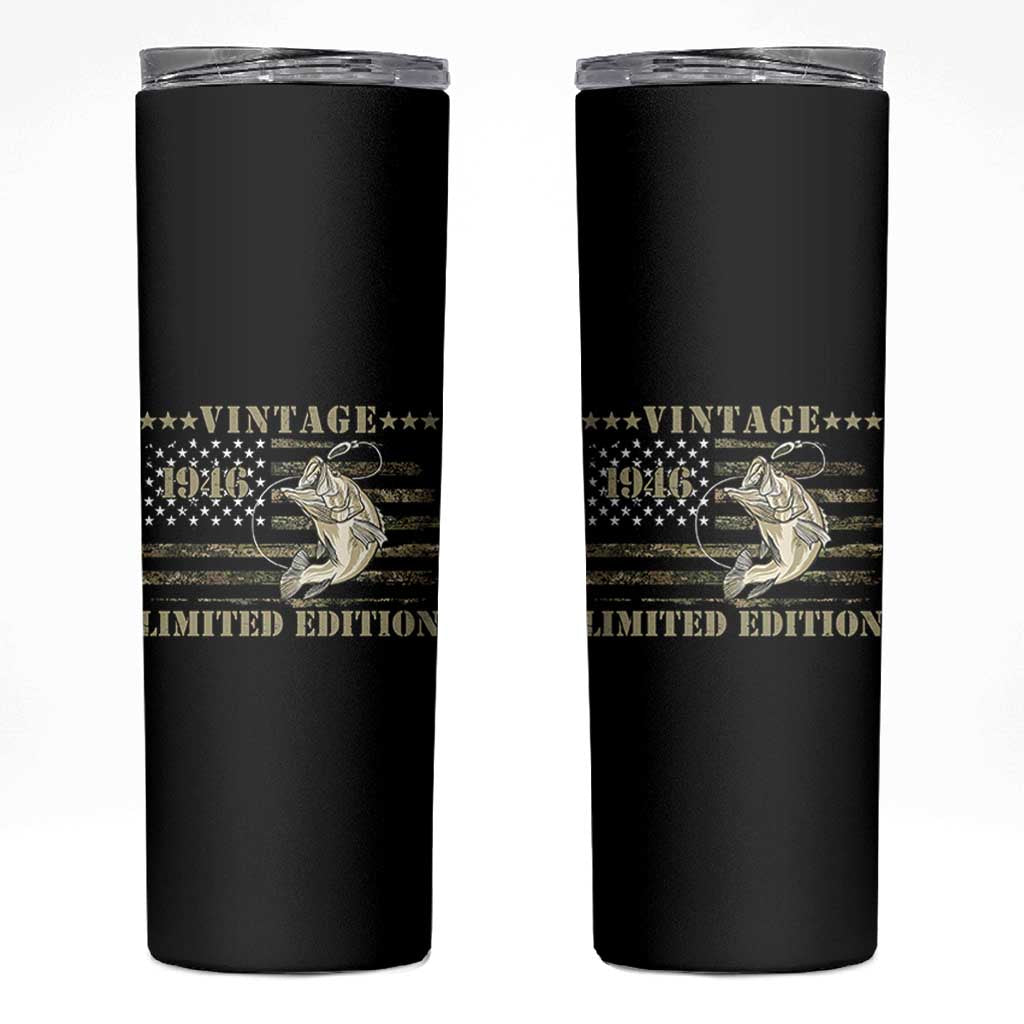 80th Birthday Fishing Vintage 1946 Limited Edition Skinny Tumbler Bass Fishing Camouflage American Flag Fisherman Gift