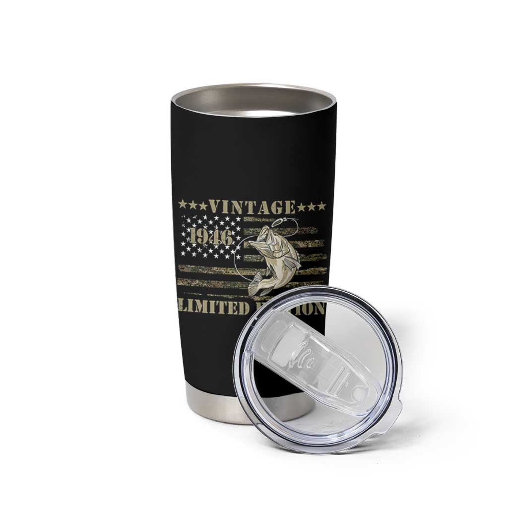 80th Birthday Fishing Vintage 1946 Limited Edition Tumbler Cup Bass Fishing Camouflage American Flag Fisherman Gift
