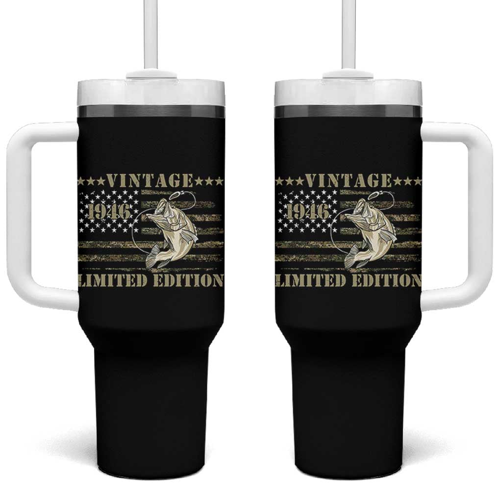 80th Birthday Fishing Vintage 1946 Limited Edition Tumbler With Handle Bass Fishing Camouflage American Flag Fisherman Gift