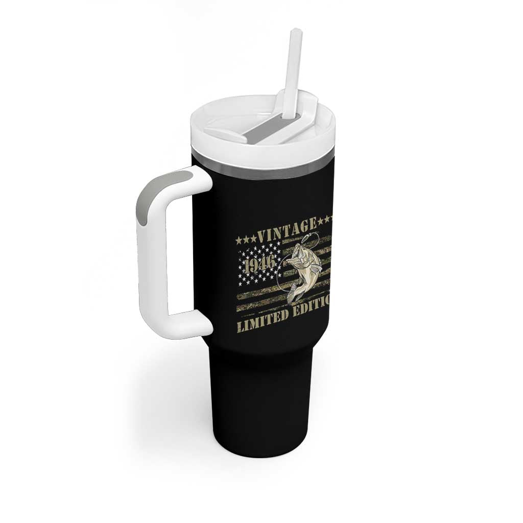 80th Birthday Fishing Vintage 1946 Limited Edition Tumbler With Handle Bass Fishing Camouflage American Flag Fisherman Gift