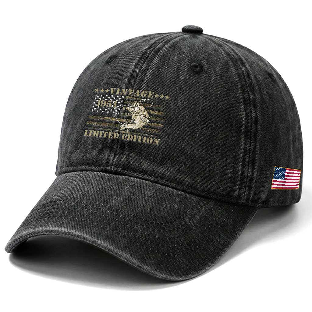 75th Birthday Fishing Vintage 1951 Limited Edition Washed Cotton Baseball Cap Bass Fishing Camouflage American Flag Fisherman Gift