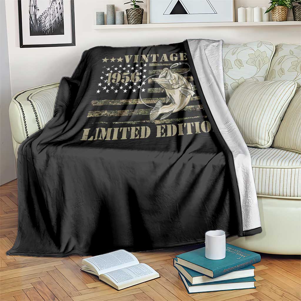 70th Birthday Fishing Vintage 1956 Limited Edition Throw Blanket Bass Fishing Camouflage American Flag Fisherman Gift
