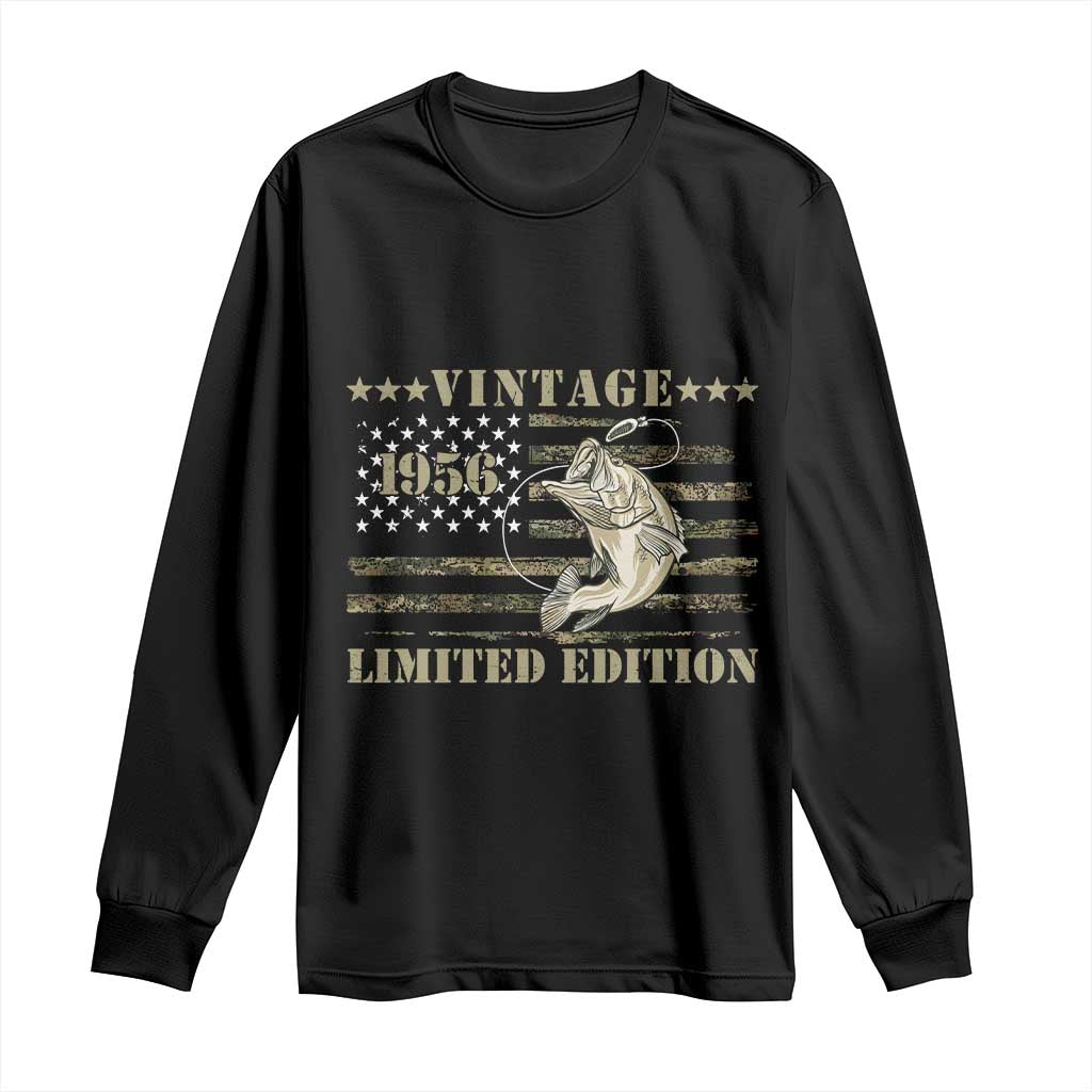 70th Birthday Fishing Vintage 1956 Limited Edition Long Sleeve Shirt Bass Fishing Camouflage American Flag Fisherman Gift