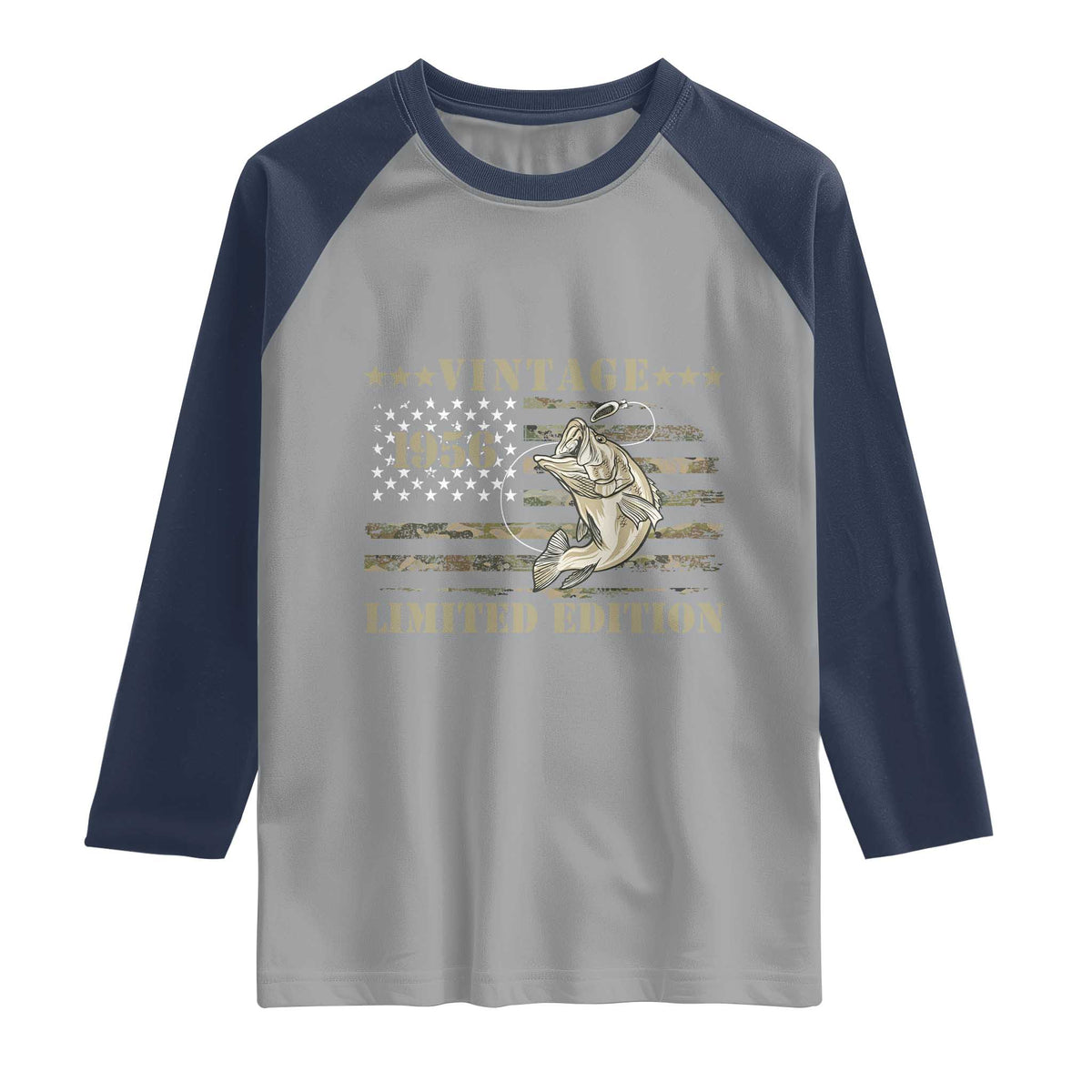 70th Birthday Fishing Vintage 1956 Limited Edition Raglan Shirt Bass Fishing Camouflage American Flag Fisherman Gift