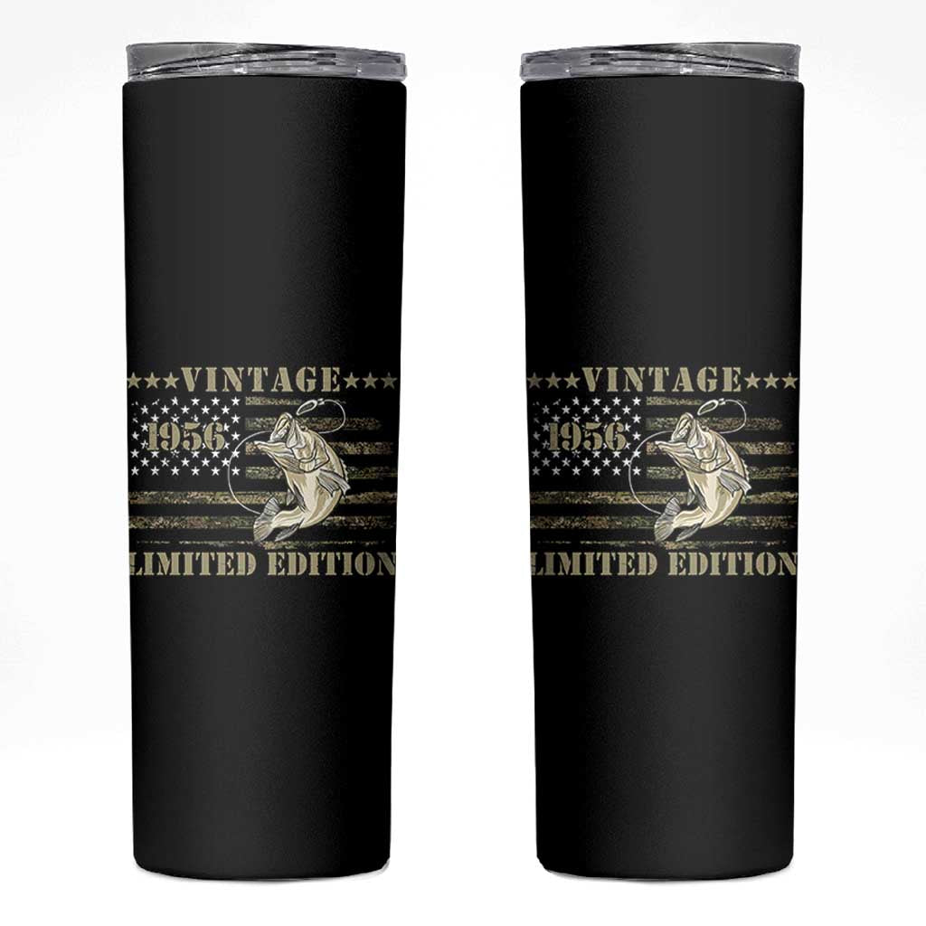 70th Birthday Fishing Vintage 1956 Limited Edition Skinny Tumbler Bass Fishing Camouflage American Flag Fisherman Gift