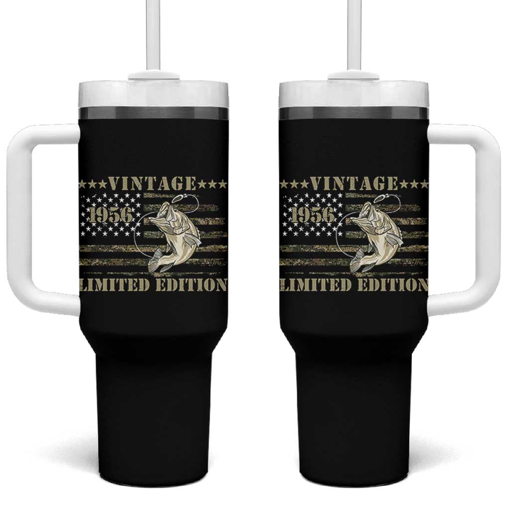 70th Birthday Fishing Vintage 1956 Limited Edition Tumbler With Handle Bass Fishing Camouflage American Flag Fisherman Gift