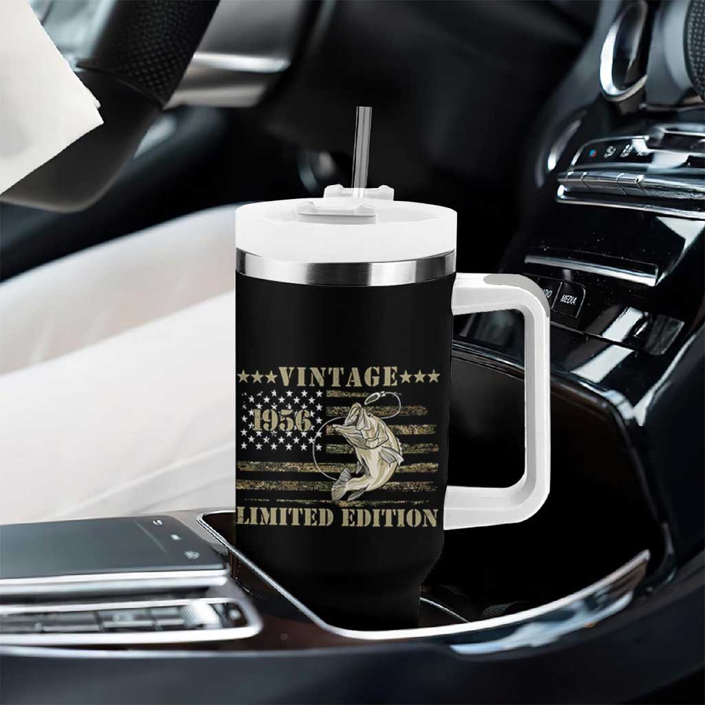 70th Birthday Fishing Vintage 1956 Limited Edition Tumbler With Handle Bass Fishing Camouflage American Flag Fisherman Gift