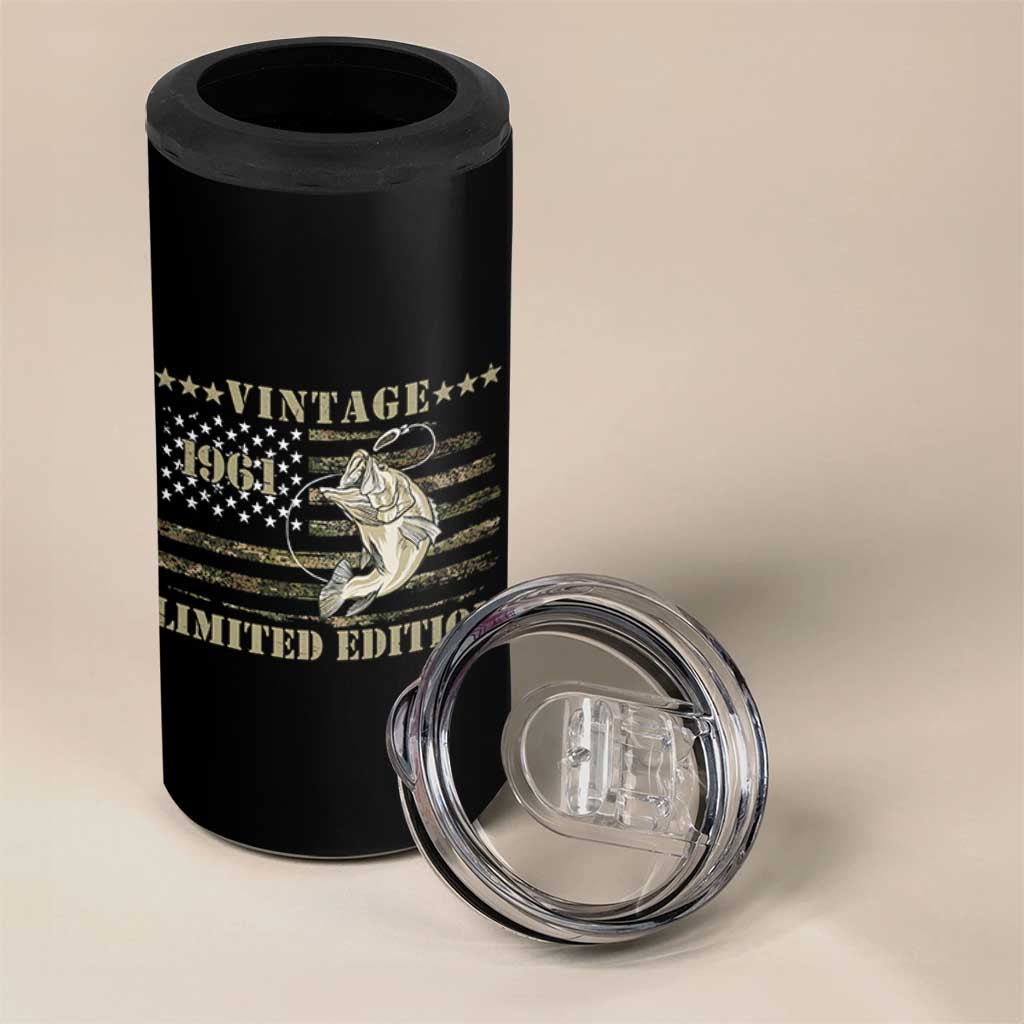 65th Birthday Fishing Vintage 1961 Limited Edition 4 in 1 Can Cooler Tumbler Bass Fishing Camouflage American Flag Fisherman Gift