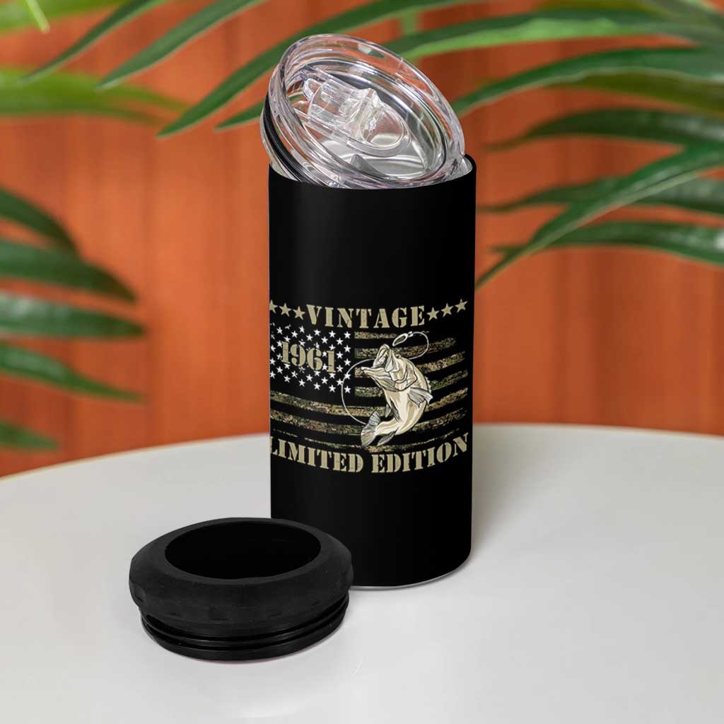 65th Birthday Fishing Vintage 1961 Limited Edition 4 in 1 Can Cooler Tumbler Bass Fishing Camouflage American Flag Fisherman Gift