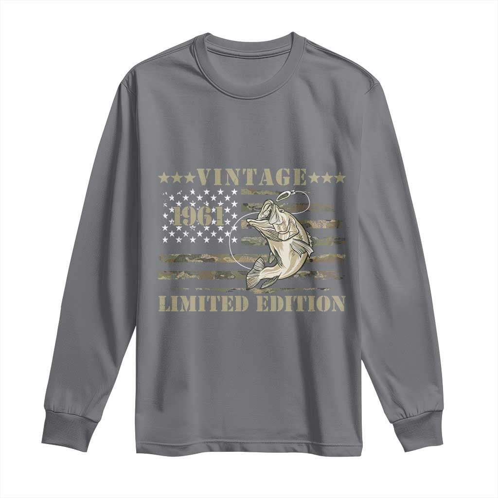 65th Birthday Fishing Vintage 1961 Limited Edition Long Sleeve Shirt Bass Fishing Camouflage American Flag Fisherman Gift