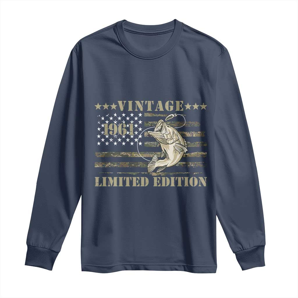 65th Birthday Fishing Vintage 1961 Limited Edition Long Sleeve Shirt Bass Fishing Camouflage American Flag Fisherman Gift