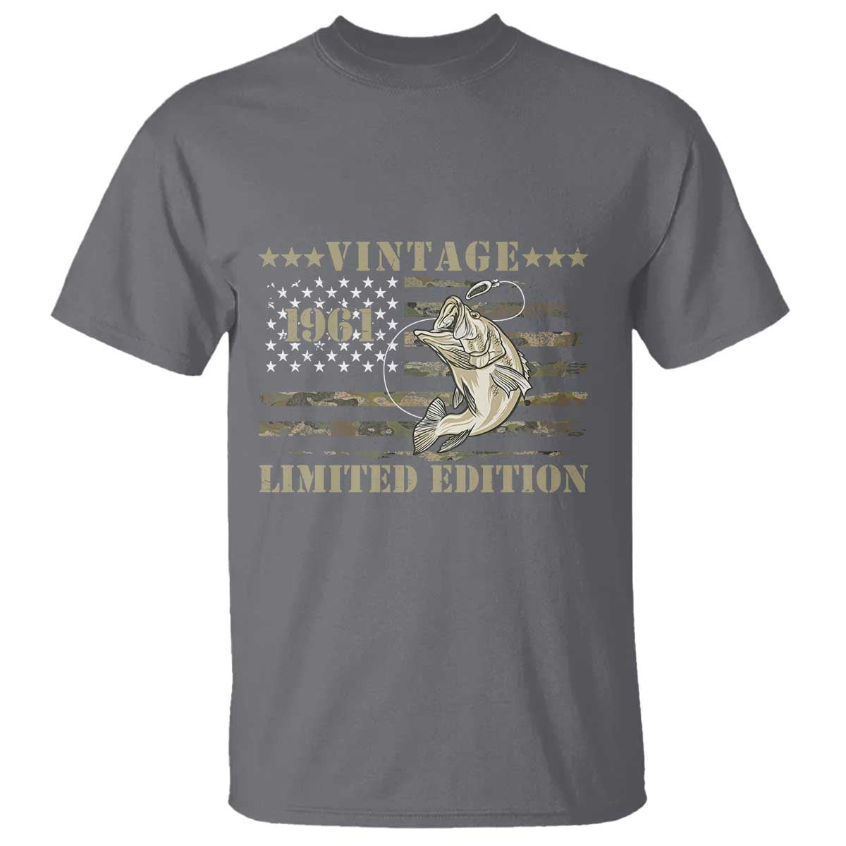 65th Birthday Fishing Vintage 1961 Limited Edition T Shirt Bass Fishing Camouflage American Flag Fisherman Gift