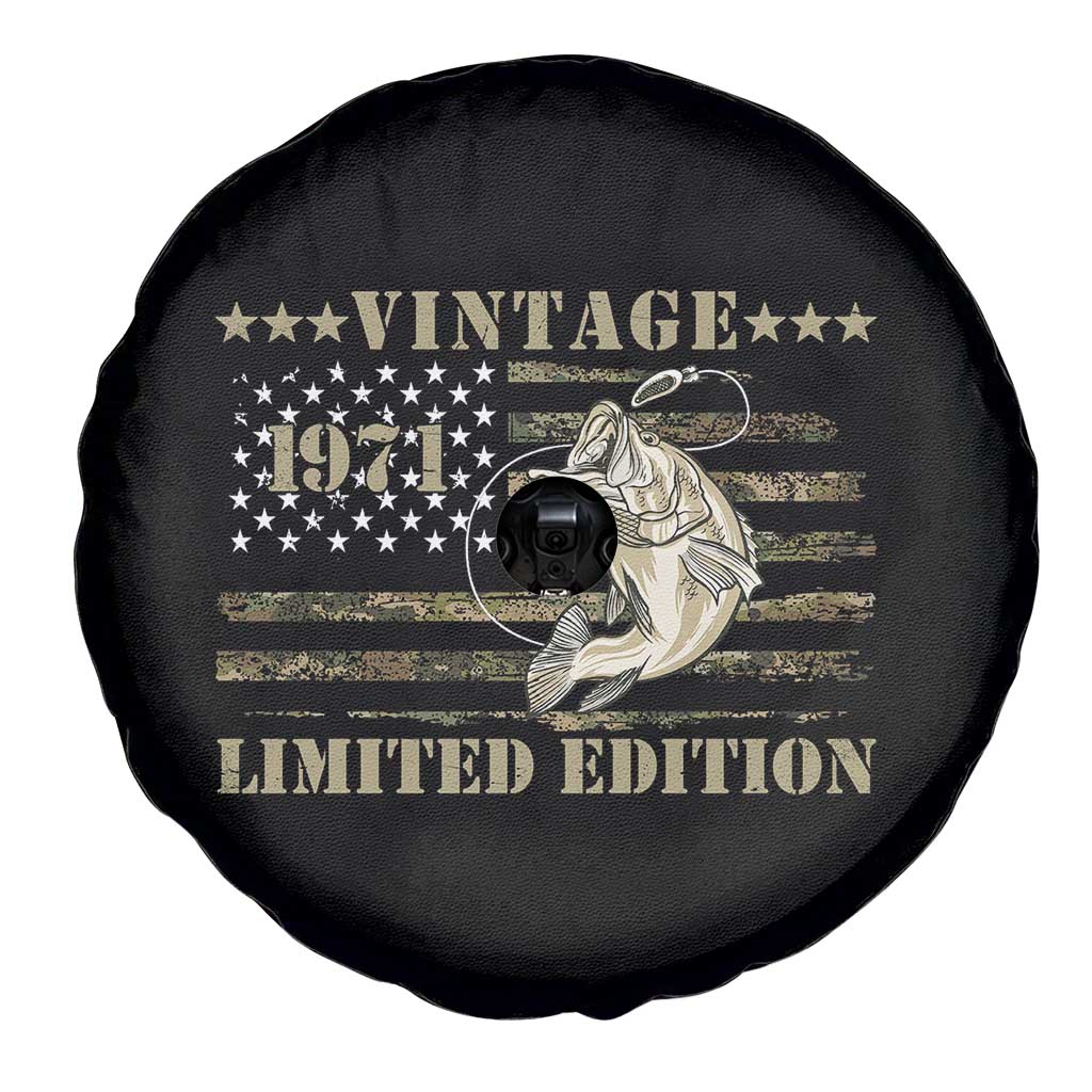 55th Birthday Fishing Vintage 1971 Limited Edition Spare Tire Cover Bass Fishing Camouflage American Flag Fisherman Gift