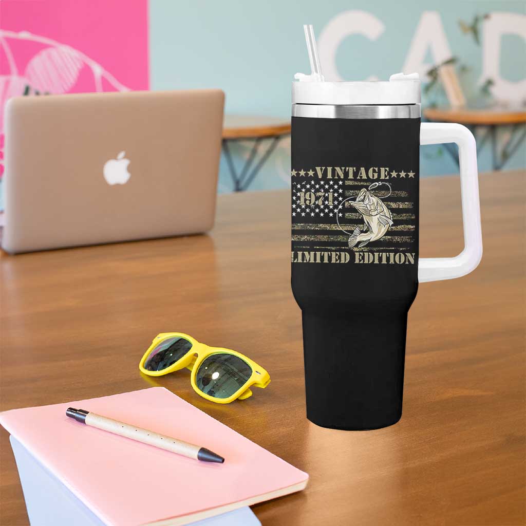 55th Birthday Fishing Vintage 1971 Limited Edition Tumbler With Handle Bass Fishing Camouflage American Flag Fisherman Gift